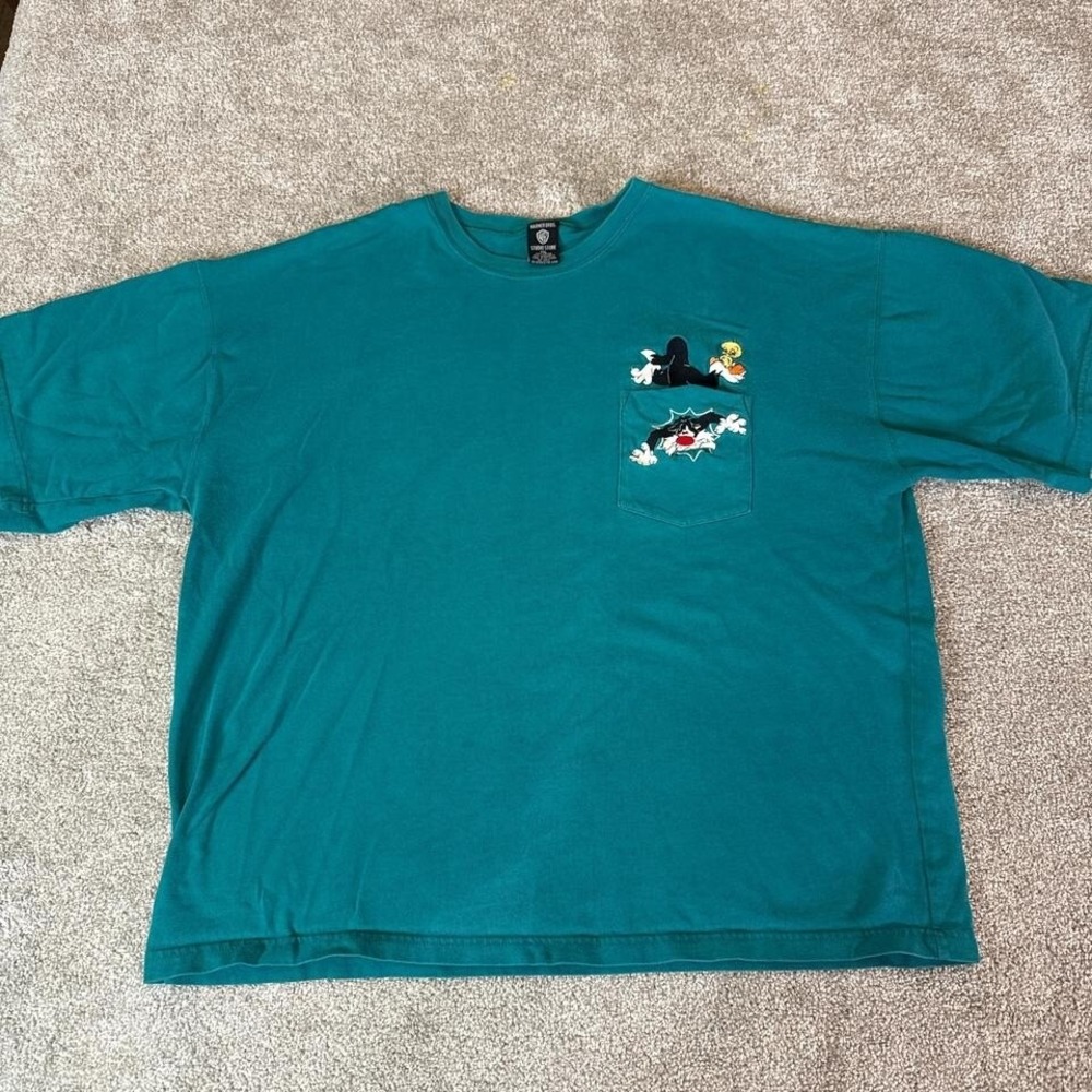 Y2K Looney Tunes T-Shirt Tweety Bird & Sylvester Embroidered Pocket Warner Bros